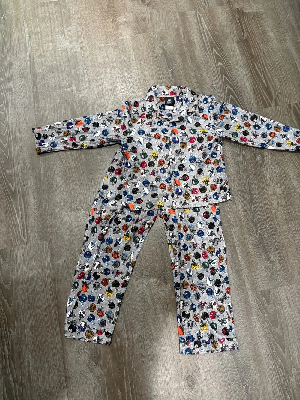 Boys Youth NFL Pajama Set Size 8/10 Grey Multi-Team Helmet Print Sleepwear (M)